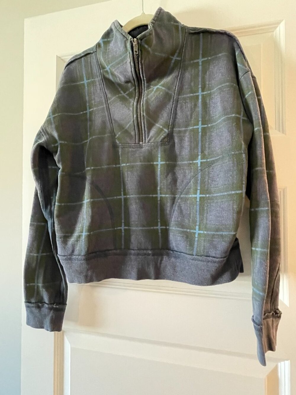 Free People Plaid Quarter Zip Cropped Sweatshirt Fleece Pullover Gray Green S